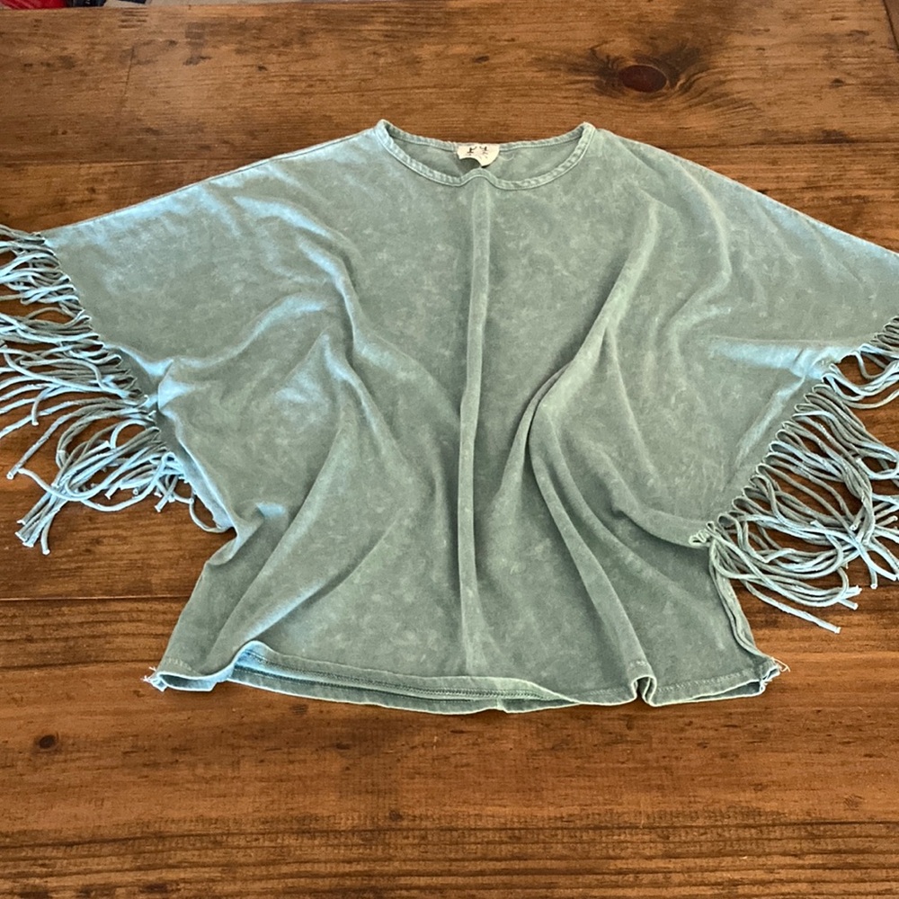 🔥 Fringed Light Blue Poncho Top
